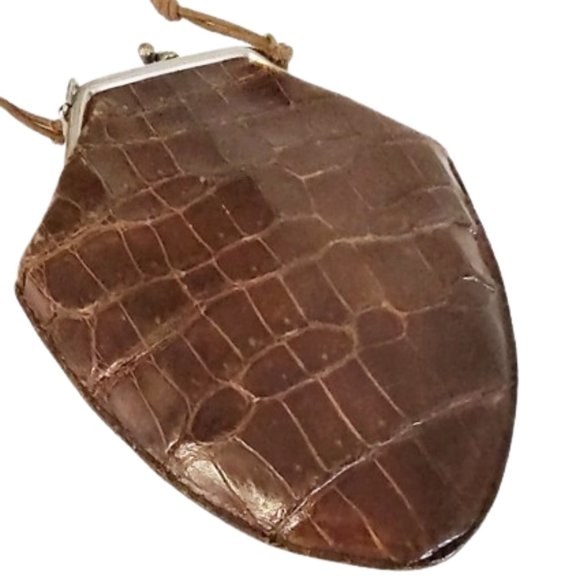 Antique Edwardian 1900s Teens Era Small Brown Real Crocodile Purse Bag Reticule - Picture 3 of 8